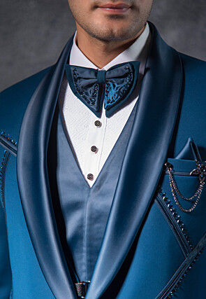 Embroidered Pure Terry Rayon Tuxedo Set in Teal Blue