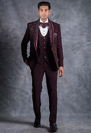 Embroidered Pure Terry Rayon Tuxedo Set in Wine