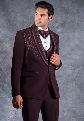 Embroidered Pure Terry Rayon Tuxedo Set in Wine