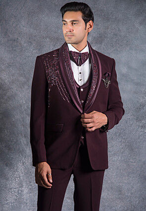 Embroidered Pure Terry Rayon Tuxedo Set in Wine