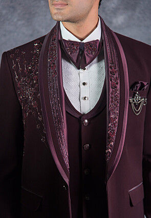 Embroidered Pure Terry Rayon Tuxedo Set in Wine