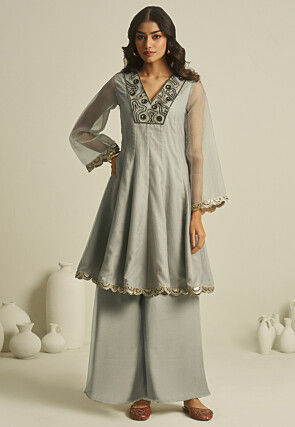 Embroidered Pure Tissue Co Ord Set in Grey