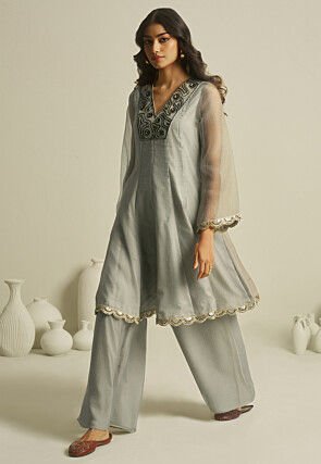 Embroidered Pure Tissue Co Ord Set in Grey