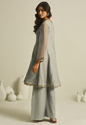 Embroidered Pure Tissue Co Ord Set in Grey