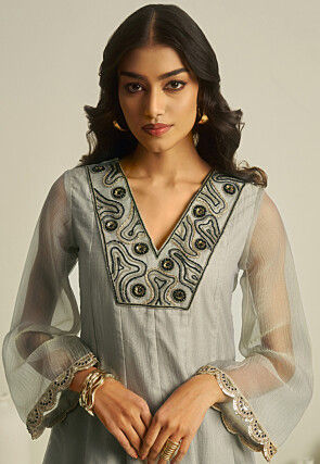 Embroidered Pure Tissue Co Ord Set in Grey