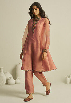 Embroidered Pure Tissue Co Ord Set in Pink
