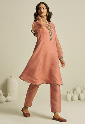 Embroidered Pure Tissue Co Ord Set in Pink