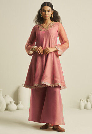 Embroidered Pure Tissue Co Ord Set in Pink