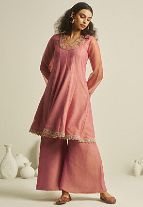 Embroidered Pure Tissue Co Ord Set in Pink