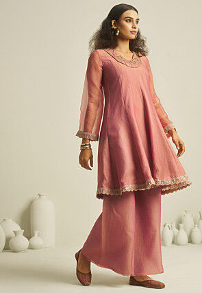 Embroidered Pure Tissue Co Ord Set in Pink