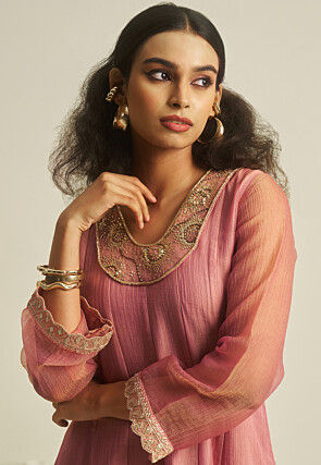 Embroidered Pure Tissue Co Ord Set in Pink