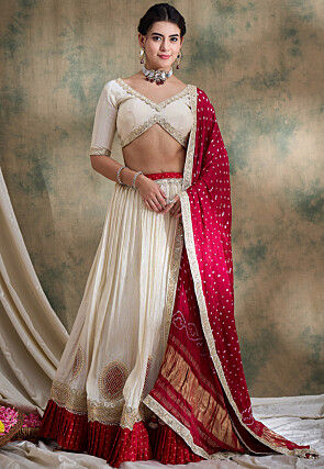 Embroidered Pure Tissue Lehenga in Light Beige