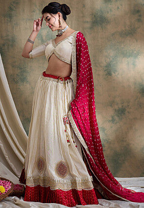 Embroidered Pure Tissue Lehenga in Light Beige