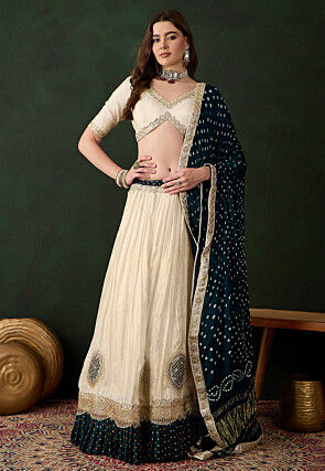 Embroidered Pure Tissue Lehenga in Light Beige