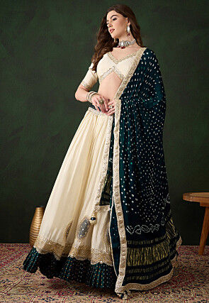 Embroidered Pure Tissue Lehenga in Light Beige
