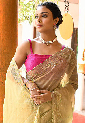 Embroidered Pure Tissue Scalloped Banarasi Saree in Light Green