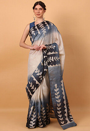 Embroidered  Pure Tussar Silk Saree in Light Beige