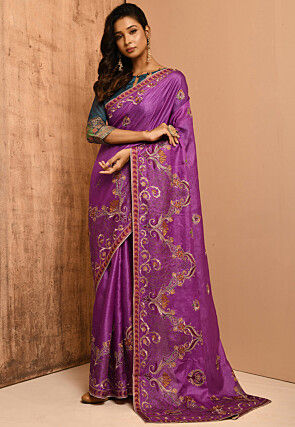 Embroidered Pure Tussar Silk Saree in Light Purple