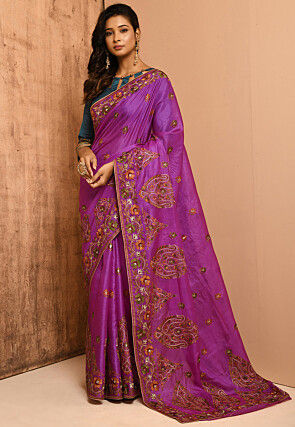 Embroidered Pure Tussar Silk Saree in Magenta