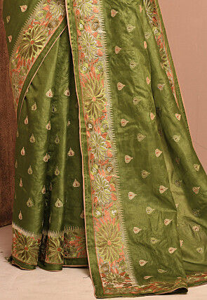 Banarasi Tussar Silk Saree in Olive Green
