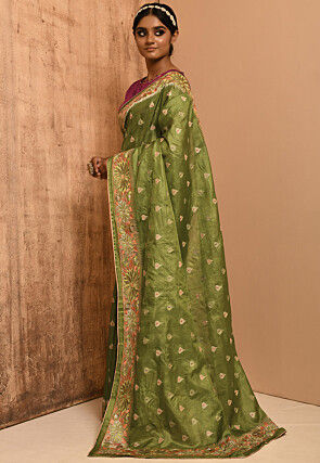 Banarasi Tussar Silk Saree in Olive Green