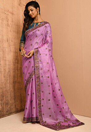 Embroidered Pure Tussar Silk Saree in Pink