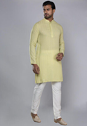 Embroidered Pure Viscose Georgette Kurta Set in Yellow