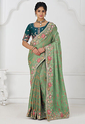 Embroidered Pure Viscose Silk Jacquard Saree in Light Green