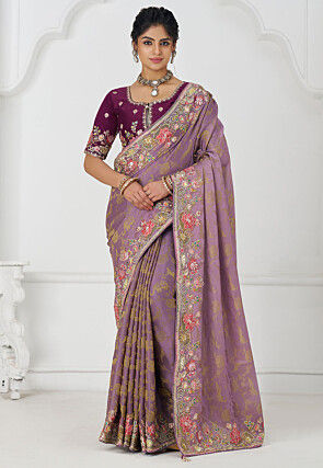 Embroidered Pure Viscose Silk Jacquard Saree in Light Purple