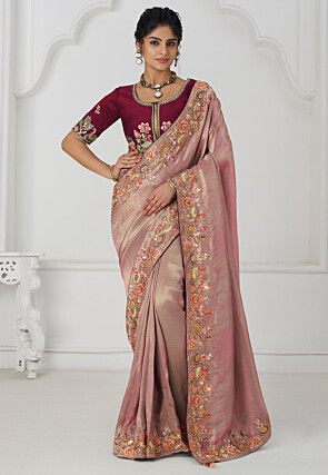 Embroidered Pure Viscose Silk Jacquard Saree in Pink
