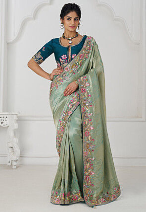Embroidered Pure Viscose Silk Jacquard Saree in Sea Green