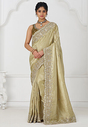 Embroidered Pure Viscose Silk Jacquard Scalloped Saree in Beige