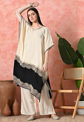Embroidered Pure Viscose Silk Kurta Set in White and Black