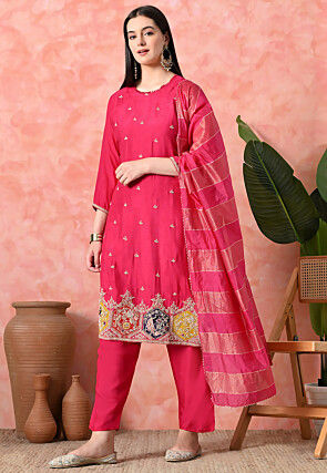 Embroidered Pure Viscose Silk Pakistani Suit in Fuchsia