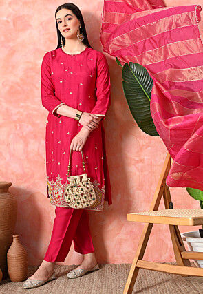 Embroidered Pure Viscose Silk Pakistani Suit in Fuchsia