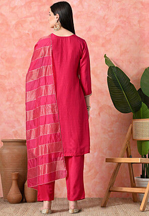 Embroidered Pure Viscose Silk Pakistani Suit in Fuchsia