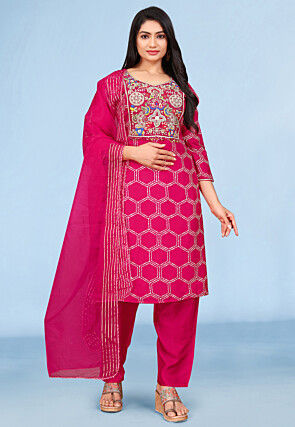 Embroidered Pure Viscose Silk Pakistani Suit in Fuchsia
