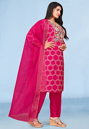 Embroidered Pure Viscose Silk Pakistani Suit in Fuchsia