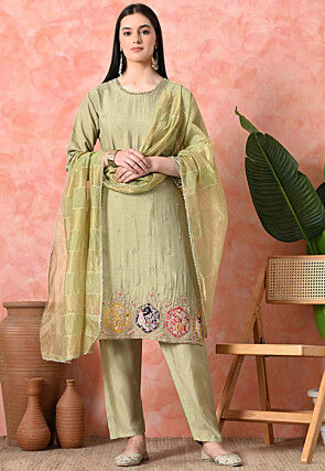 Embroidered Pure Viscose Silk Pakistani Suit in Light Green