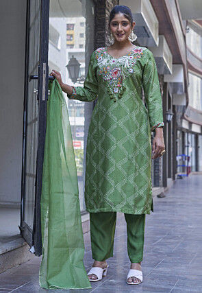 Embroidered Pure Viscose Silk Pakistani Suit in Light Green