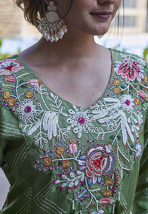 Embroidered Pure Viscose Silk Pakistani Suit in Light Green