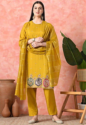 Embroidered Pure Viscose Silk Pakistani Suit in Mustard