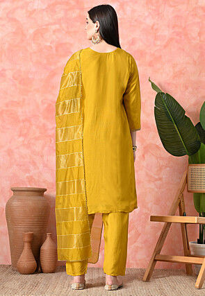 Embroidered Pure Viscose Silk Pakistani Suit in Mustard
