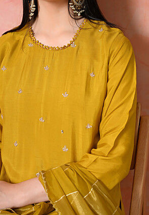Embroidered Pure Viscose Silk Pakistani Suit in Mustard