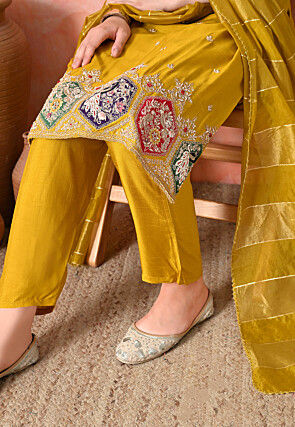 Embroidered Pure Viscose Silk Pakistani Suit in Mustard