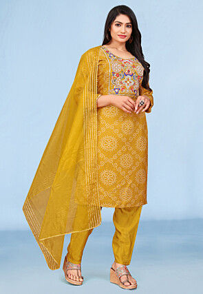 Embroidered Pure Viscose Silk Pakistani Suit in Mustard