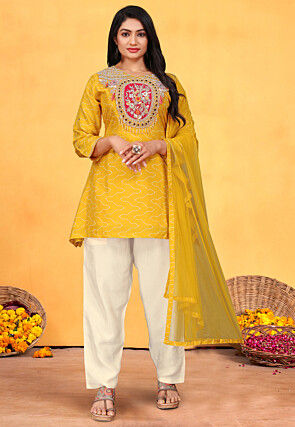 Embroidered Pure Viscose Silk Pakistani Suit in Mustard