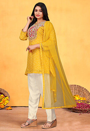 Embroidered Pure Viscose Silk Pakistani Suit in Mustard