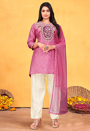 Embroidered Pure Viscose Silk Pakistani Suit in Pink