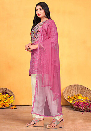 Embroidered Pure Viscose Silk Pakistani Suit in Pink